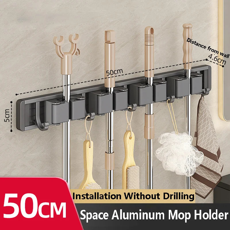Mop and Broom Organizer Mop Holder Rack Mop Holder Wall Mounted Strong Broom Mop Holder Self With 5 Hooks Organizers Hang Broom