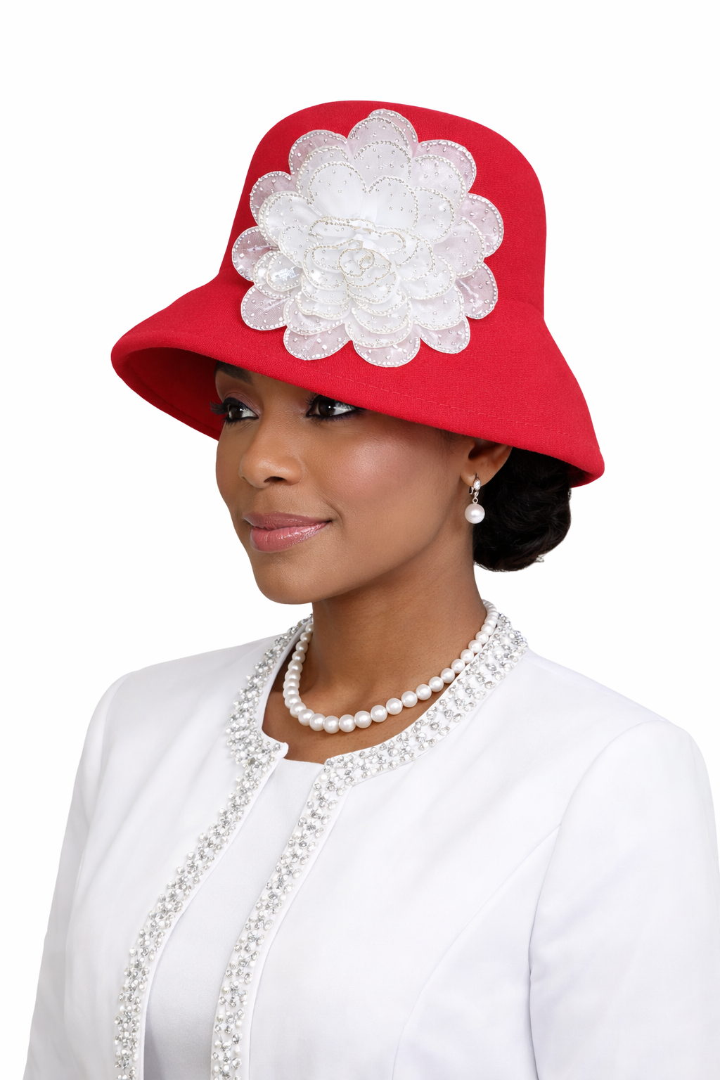 Elegant Red Pearl Flower Church Hat