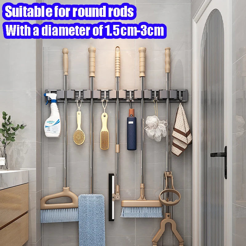 Mop and Broom Organizer Mop Holder Rack Mop Holder Wall Mounted Strong Broom Mop Holder Self With 5 Hooks Organizers Hang Broom