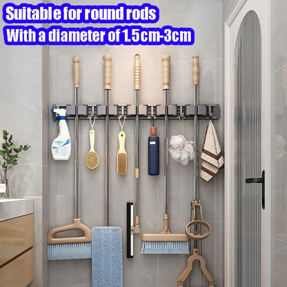 Mop and Broom Organizer Mop Holder Rack Mop Holder Wall Mounted Strong Broom Mop Holder Self With 5 Hooks Organizers Hang Broom