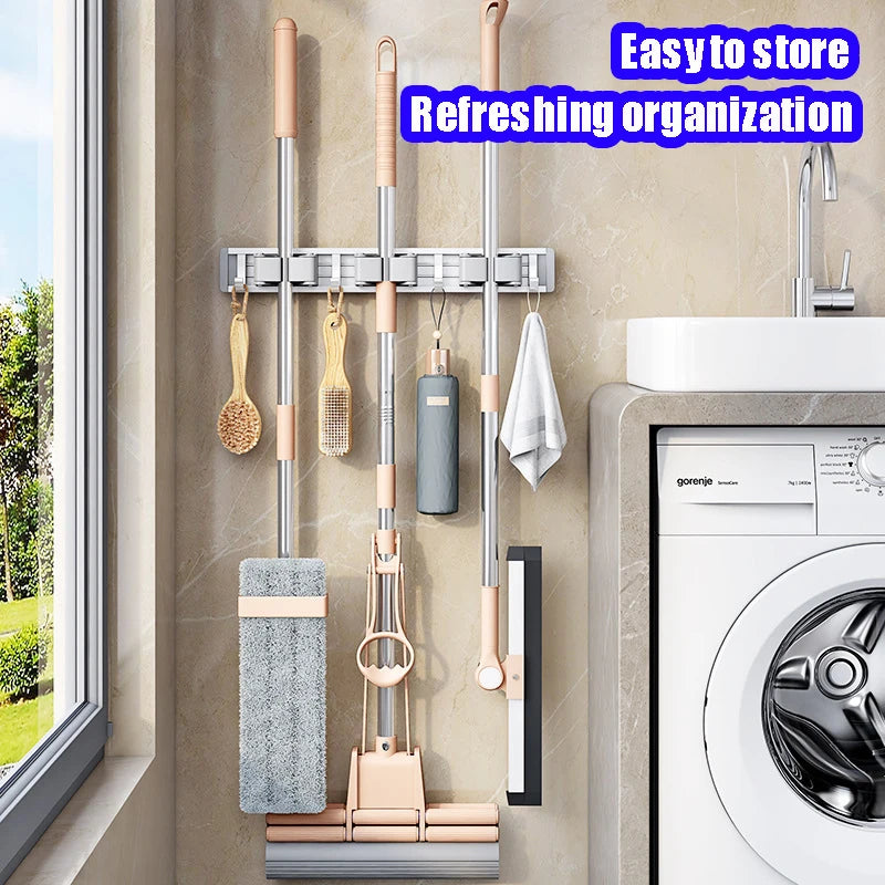 Mop and Broom Organizer Mop Holder Rack Mop Holder Wall Mounted Strong Broom Mop Holder Self With 5 Hooks Organizers Hang Broom