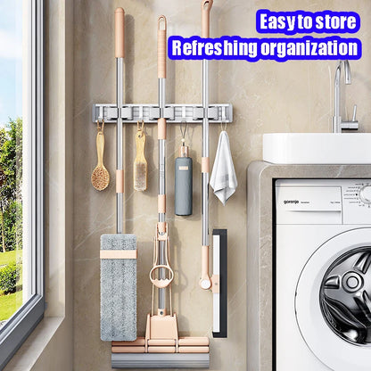 Mop and Broom Organizer Mop Holder Rack Mop Holder Wall Mounted Strong Broom Mop Holder Self With 5 Hooks Organizers Hang Broom