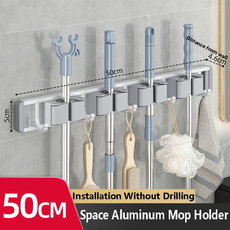 Mop and Broom Organizer Mop Holder Rack Mop Holder Wall Mounted Strong Broom Mop Holder Self With 5 Hooks Organizers Hang Broom