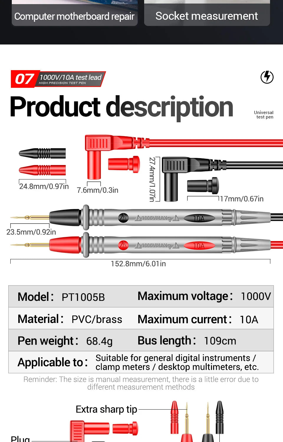 ANENG PT1005B 10A 1000V Digital Multimeter Probe Universal Test Lead Needle Pin Wire Pen Cable Kit Current Voltmeter Tester Wire